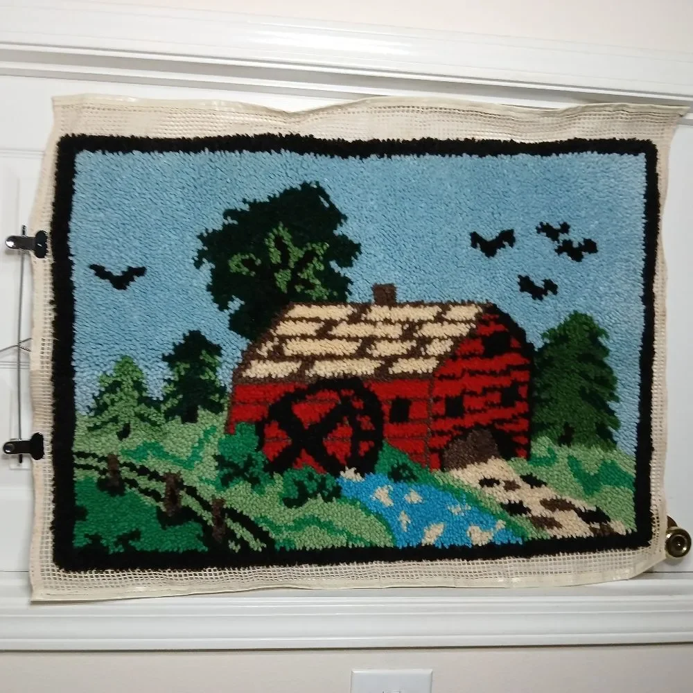 Vintage Large Hand Crafted Red Barn Water Wheel Mill Hook Rug Decor - Unbound